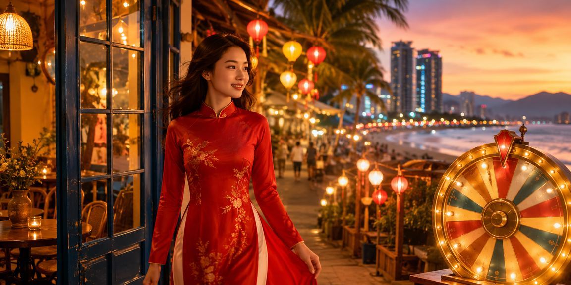 Phụ nữ mặc áo dài tại Đà Nẵng tham gia chơi Roulette trực tuyến trong không gian hiện đại bên bờ biển
