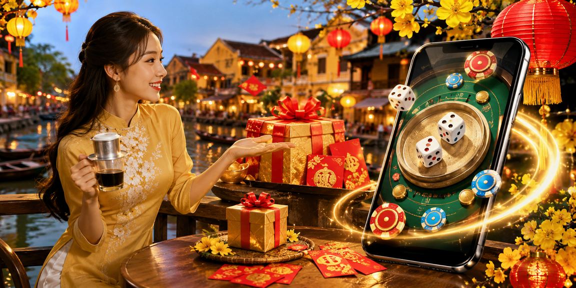 Người chơi tại Hội An ngồi cà phê đọc điều khoản trước khi tham gia game Tài Xỉu trực tuyến